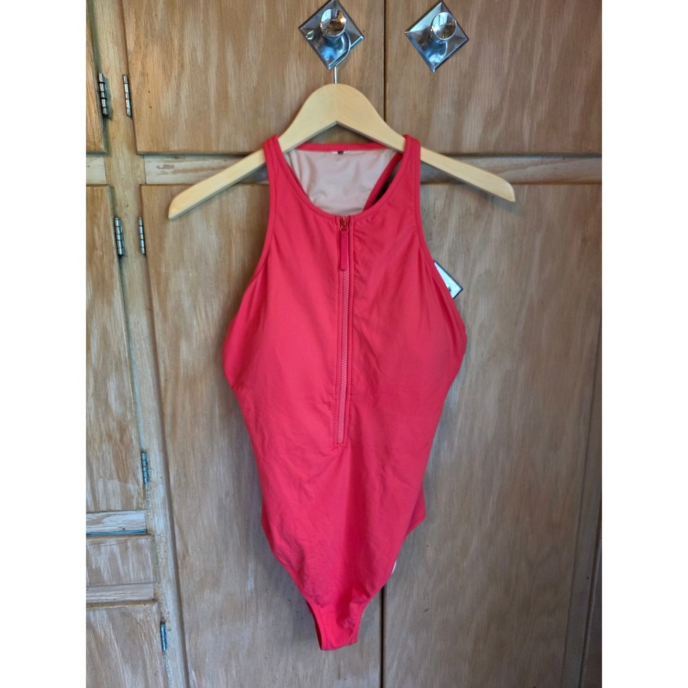 Coral Pink High Neck Zip Front Racerback One Piece Swimsuit With Cups
